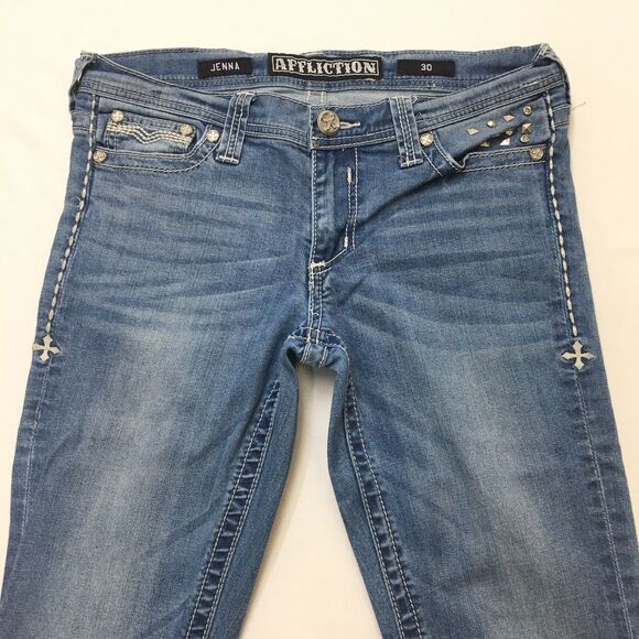 AFFLICTION Jenna Jeans Women 32x32 (30 tag) Gothic Studs Stretch Denim Crystal - Picture 3 of 16